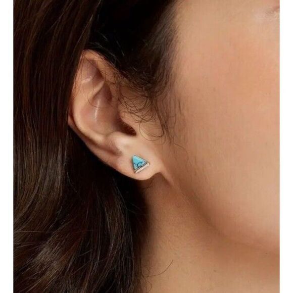 925 Sterling Silver Turquoise Triangle Stud Earrings Modern Minimalist - Picture 6 of 6